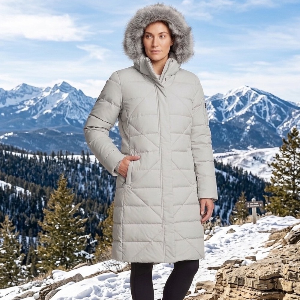 NWT Eddie Bauer Womens XL Sun Valley Frost Down Parka Coat Cement Faux Fur Hood